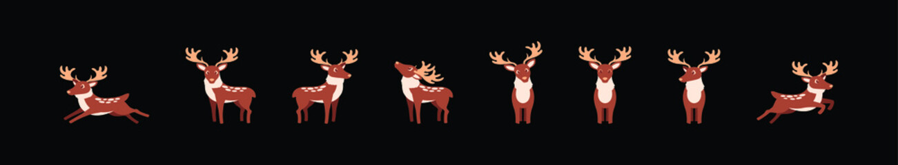 set of deer or caribou cartoon icon design template with various models. vector illustration isolated on black background