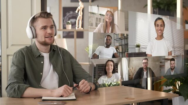 Discussing project online. Group video call. Remote communication happy multiracial young people. Working from modern home office future technology AR VR. Business chat conference talking with teacher