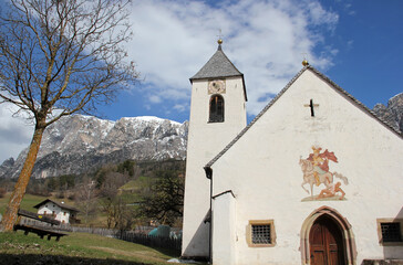 Fototapeta na wymiar The Schlern, St. Martin S Church In Ums, Fie, South Tyrol, Italy