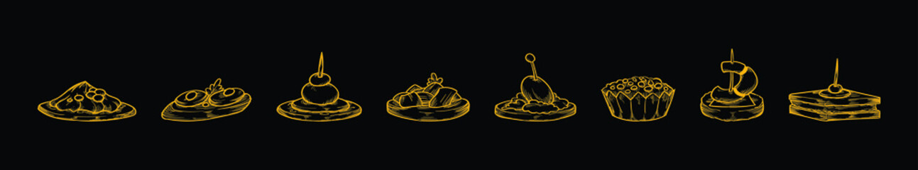 set of food appetizer cartoon icon design template with various models. vector illustration isolated on black background