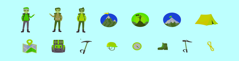 Obraz premium set of mountaineer tools cartoon icon design template with various models. modern vector illustration isolated on blue background