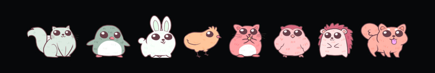set of cute critters cartoon icon design template with various models. vector illustration isolated on black background