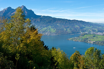 Naklejka na ściany i meble View From The Buergenstock Massif On Lake Lucerne VierwaldstÃƒ Ttersee And Mount Pilatus, Switzerland