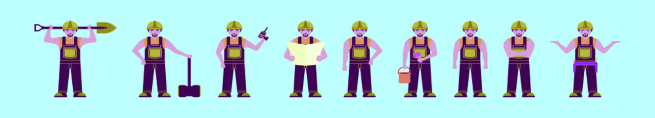 set of construction worker cartoon icon design template with various models. vector illustration isolated on blue background