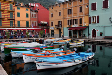Fototapeta na wymiar Castello Di Brenzone, Harbor With Fishing Boats, Lake Garda, Italy
