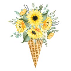 ice cone with watercolor flower sunflower illustration