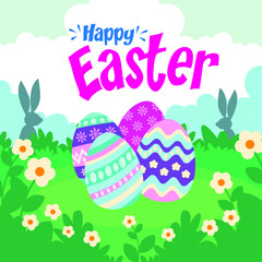Vector Illustration of Happy Easter Holiday with Painted Egg, Rabbit  and Flower on Colorful Background