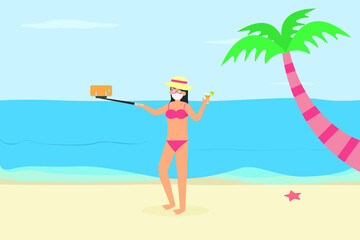 Obraz na płótnie Canvas Summer holiday vector concept: Young woman taking selfie photo with smart phone while enjoying holiday in the beach