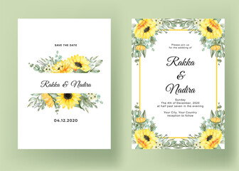 wedding invitation set with sunflower watercolor illustration frame