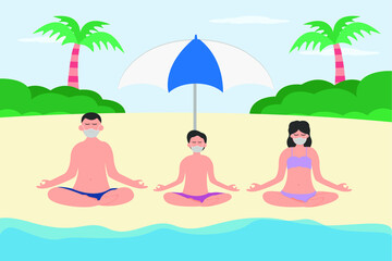 Obraz na płótnie Canvas Holiday in new normal vector concept: Little son and parents doing yoga in the beach while wearing face mask