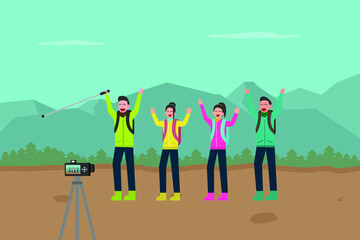 Hiking vector concept: Group of teenagers take photo together with digital camera while hiking the mountain 