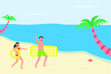 Fototapeta na wymiar Summer holiday vector concept: Young couple carrying swimming tires in the beach while ready to swim