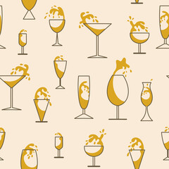 Seamless pattern with glass icons. Black outlines on a beige background, silhouettes. Vector illustration for decoration of bars, restaurants, menus, banners, etc.