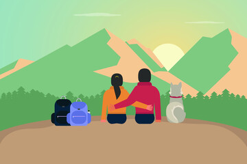 Hiking vector concept: Young couple looking sunrise together in the mountain while sitting with their pet