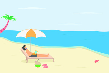 Summer holiday vector concept: Young man using laptop while relaxing in the beach 