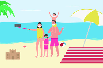 Obraz na płótnie Canvas Holiday in new normal vector concept: Young parents and cute children take selfie photo while enjoying holiday in beach