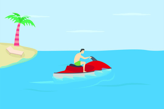 Summer holiday vector concept: Young man rides speed boat in the beach while enjoying summer holiday