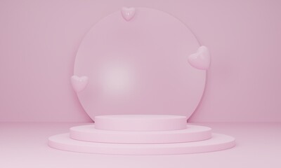 Podium in love platform and hearts on pink background, minimal abstract. Happy Women's, Mother's, Valentine's Day concept. 3d rendering