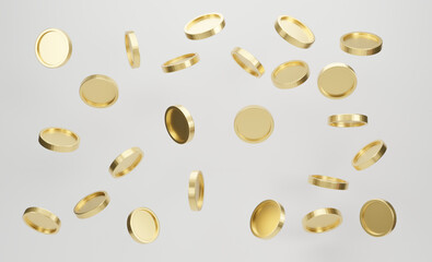 Explosion of golden coins on white background. Jackpot or casino poke concept. 3d rendering.