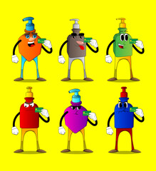 Cartoon bottle of hand sanitizer gel for hygiene with face holding credit card.