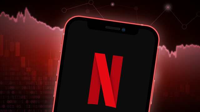 Netflix stock market vector illustration, with iPhone splash screen. Bearish red.