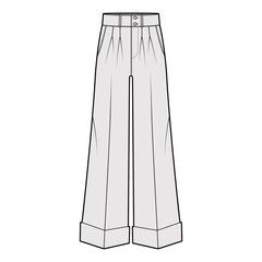Pants oxford tailored technical fashion illustration with low waist, rise, full length, double pleat, slant slashed jetted pockets. Flat trousers apparel template front, grey color. Women men CAD