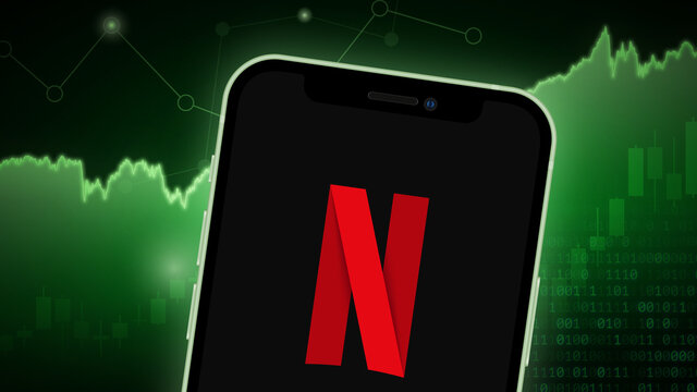 Netflix stock market vector illustration, with iPhone splash screen. Bullish green.