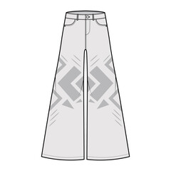 Phat Pants Denim Jeans technical fashion illustration with full length, low waist, rise, 5 pockets, Rivets, wide legs, belt loops. Flat bottom template front grey color style. Women, unisex CAD mockup