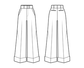 Pants oxford tailored technical fashion illustration with normal waist, high rise, full length, slant jetted pockets. Flat trousers apparel template front back white color. Women men unisex CAD mockup