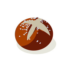 Whole rye bread of round shape. Freshly baked nutritious pastry product. Traditional brown rustic loaf flat vector illustration on white background