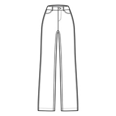 Straight Jeans Denim pants technical fashion illustration with full length, normal waist, high rise, 5 pockets, Rivets. Flat bottom template front, white, color style. Women, men, unisex CAD mockup