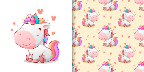 The colorful unicorn sitting the cute position