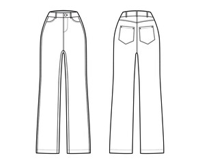 Jeans Denim pants technical fashion illustration with full length, normal waist, high rise, 5 pockets, Rivets, belt loops. Flat bottom template front, back, white color style. Women, unisex CAD mockup