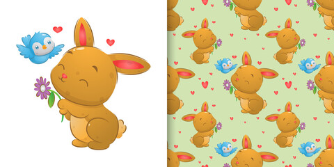 The random seamless illustration of the happy rabbit playing with the bird