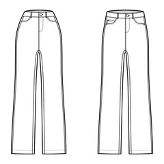 Set of Jeans Denim pants technical fashion illustration with full length, normal low waist, high rise, 5 pockets, Rivets. Flat bottom template front, white color style. Women, men, unisex CAD mockup