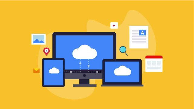 Marketing solution with cloud computing technology. Animation explainer concept. Online business and internet.