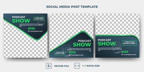 Set of Editable square banner template. Social media podcast design with black gradient color and green line. Flat design vector with a photo collage. Suitable for social media, flyer, and web ads. - obrazy, fototapety, plakaty