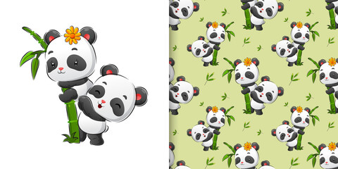 The seamless hand drawing of the two cute panda playing on the bamboo in the forest - obrazy, fototapety, plakaty