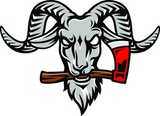 Angry Goat Holding an Ax in his mouth