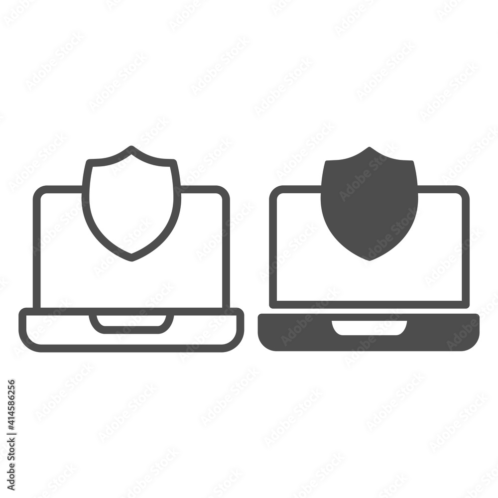 Poster laptop with shield line and solid icon, web security concept, internet security sign on white backgr