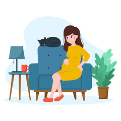Back pain in pregnant woman. Pregnant woman at home in chair.