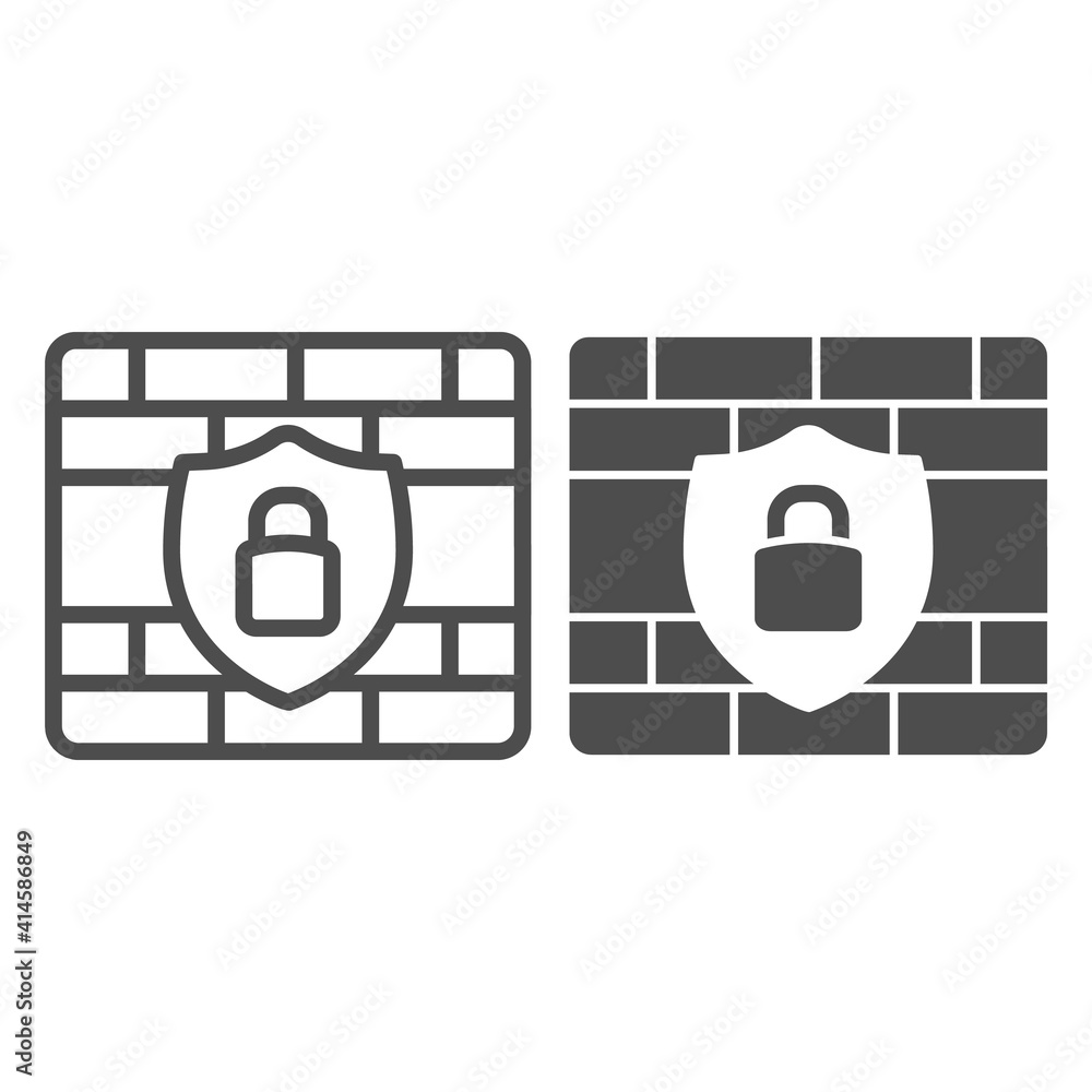 Poster brick wall and security emblem with lock line and solid icon, web security concept, firewall access 