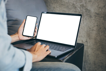 computer screen,cell phone blank mockup.hand woman work using laptop texting mobile.with white background for advertising,contact business search information on desk in cafe.marketing,design