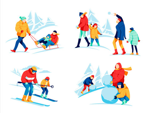 Family winter activities set. Happy parents and kids making snowman, skiing, sledding and playing snowballs together. People having fun on winter holidays, mountain resort cartoon vector illustration