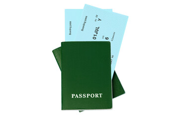 Two green passports, blue boarding pass, flight tickets white background isolated close up top view, airplane travel, passengers check in, customs control, border cross, holidays, vacation, tourism