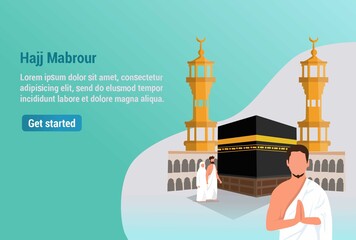 graphics vector illustration Hajj and Umrah prayers near the Ka'bah Vector template. the background of the mosque minaret