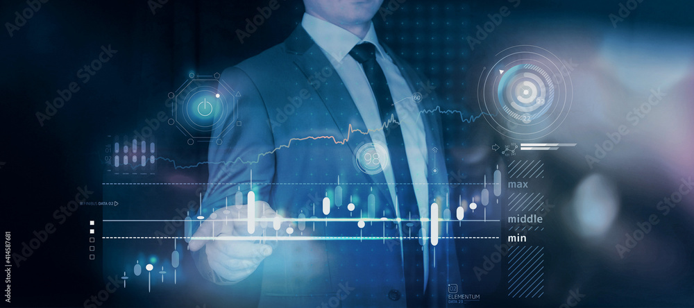 Poster working with stock exchange infographics in a virtual interface.