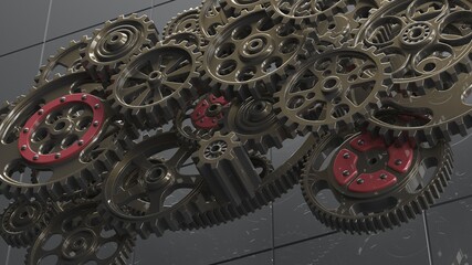 Mechanism black-red gears and cogs at work on spot light background. Industrial machinery. 3D illustration. 3D high quality rendering. 3D CG.