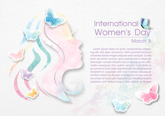 Closeup colorful butterfly on white silhouette of head's women in paper cut and watercolor style, wording of Women's day event, example texts on colors plants pattern and white background.