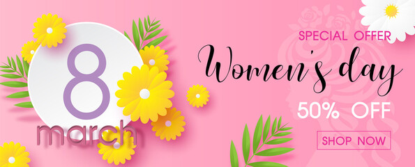The day of event with yellow flowers and decorated plants on white banner, Women's day specials offer sale wording on women drawing shape and pink background. Poster's banner of Women's day in vector